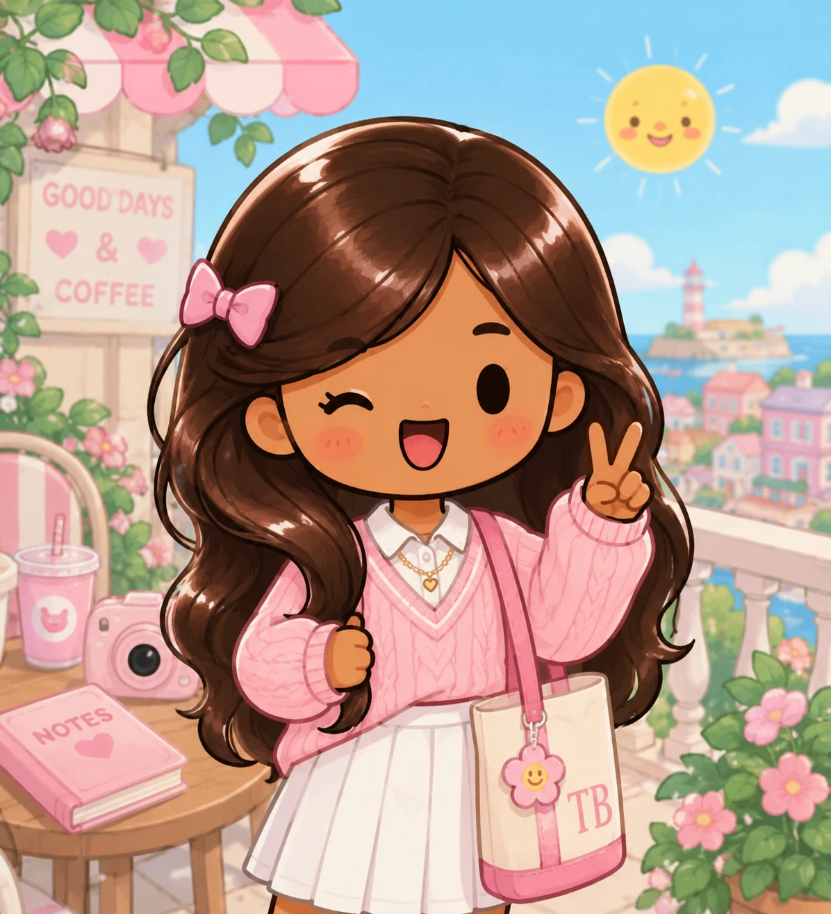 Toca Boca preppy pfp featuring glossy hair, pastel outfit, and a soft cheerful cartoon background
