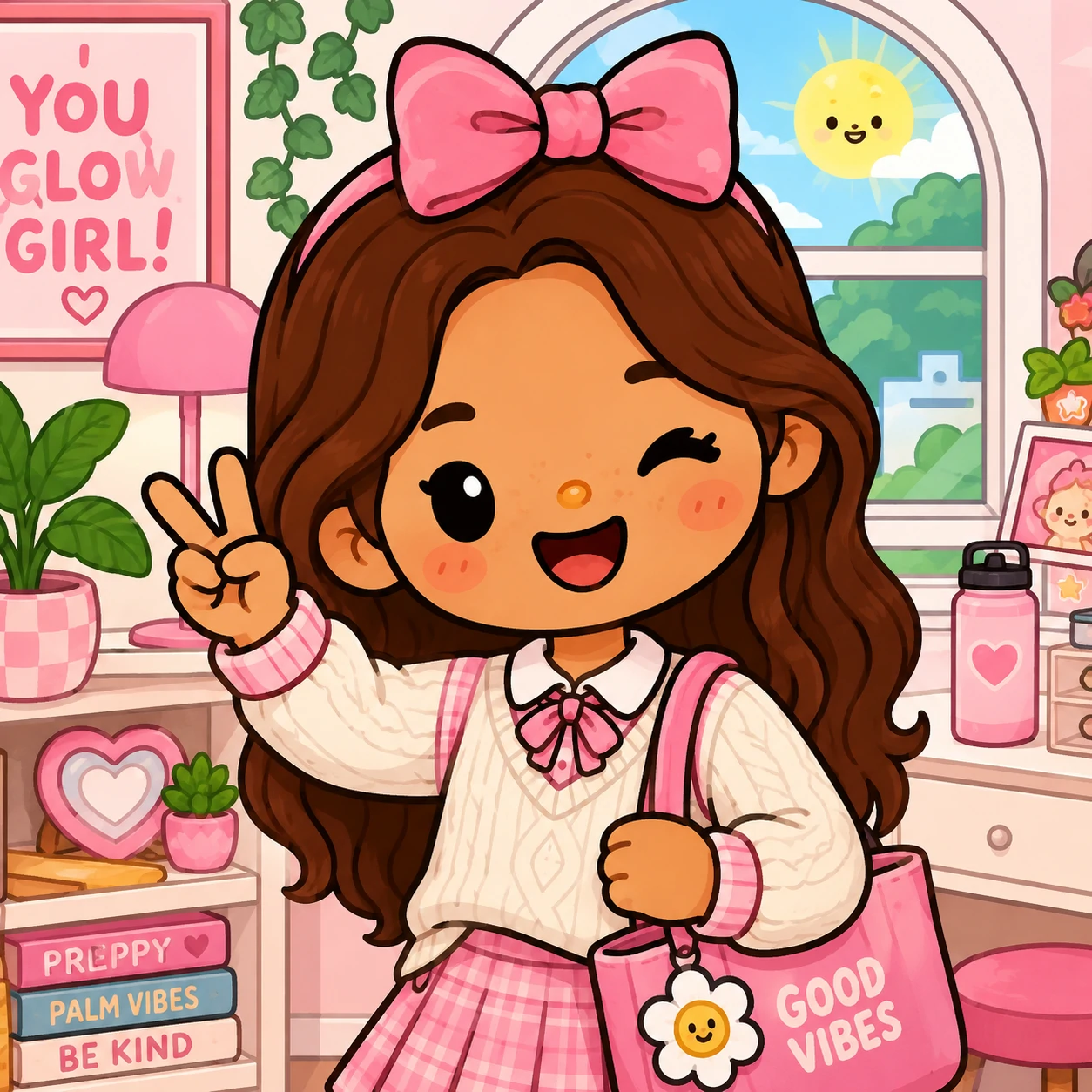 Toca Boca preppy pfp with pink bow, cartoon styling, and a bright cheerful pose