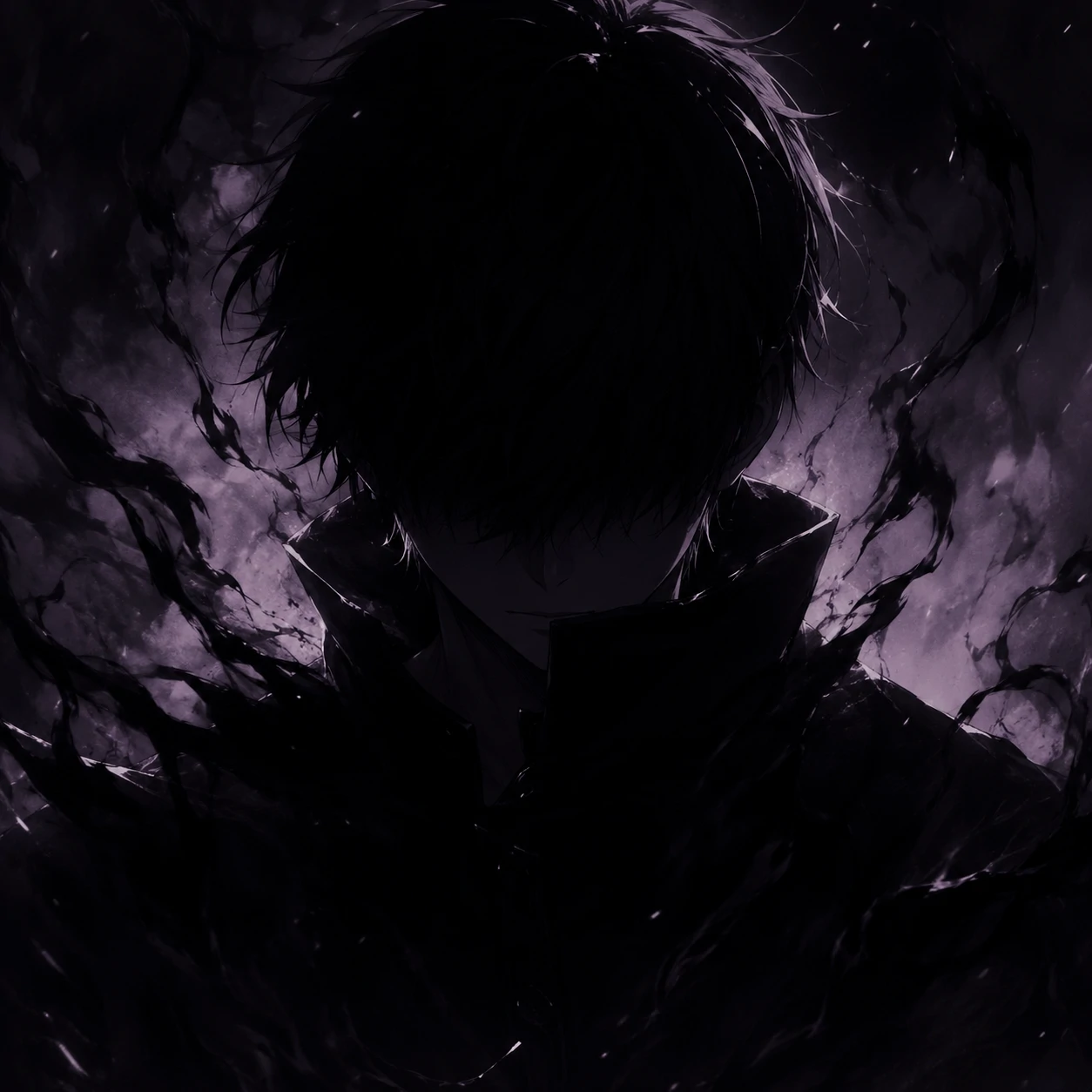 Unknown anime pfp with shadowed character, hidden eyes and dark tones