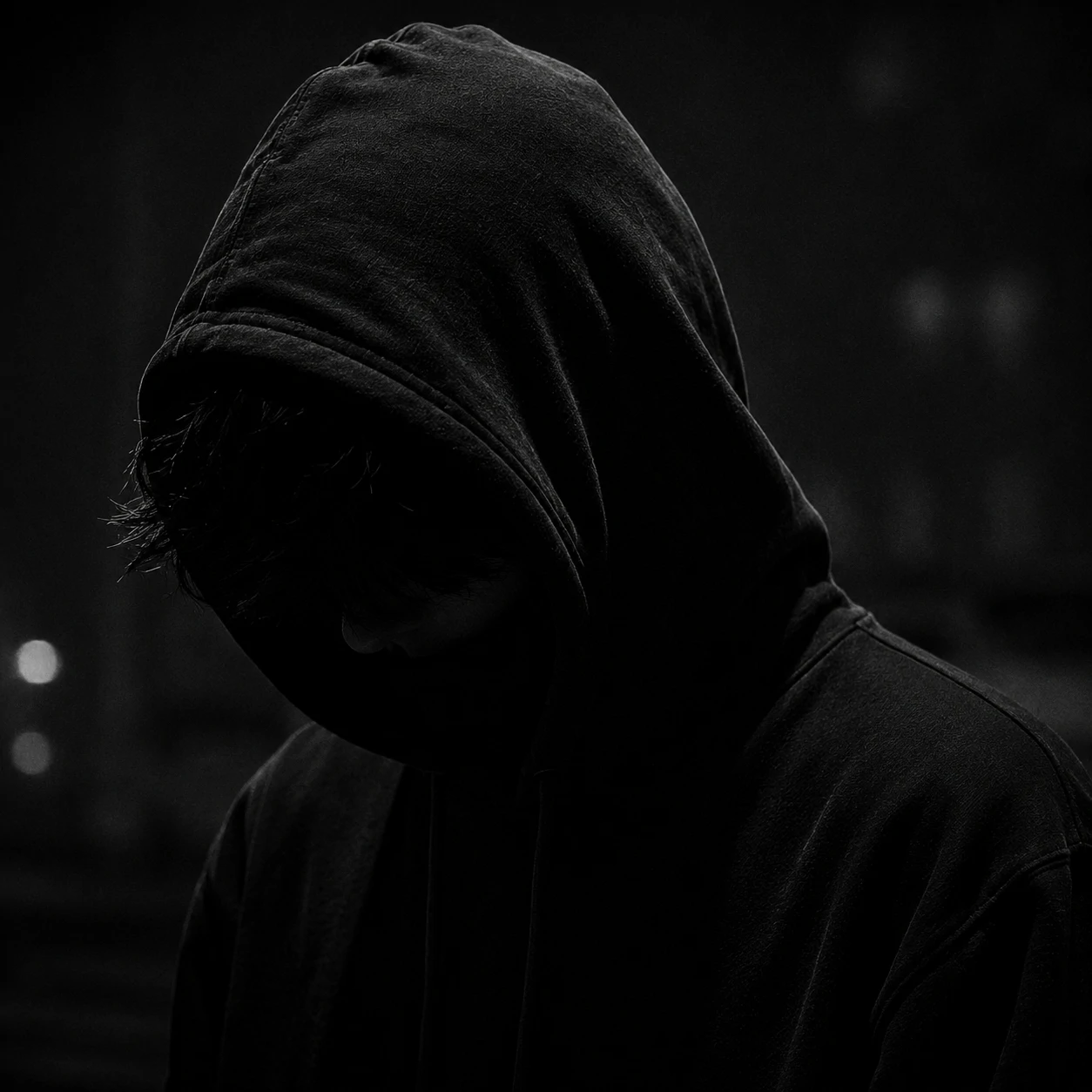 Unknown boy pfp with hooded figure in low light and monochrome tones