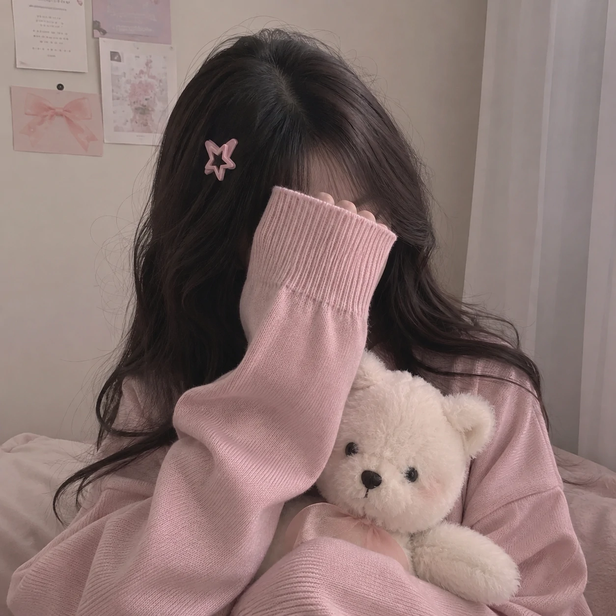 Unknown girl pfp with hidden face, soft hair framing and pastel tones