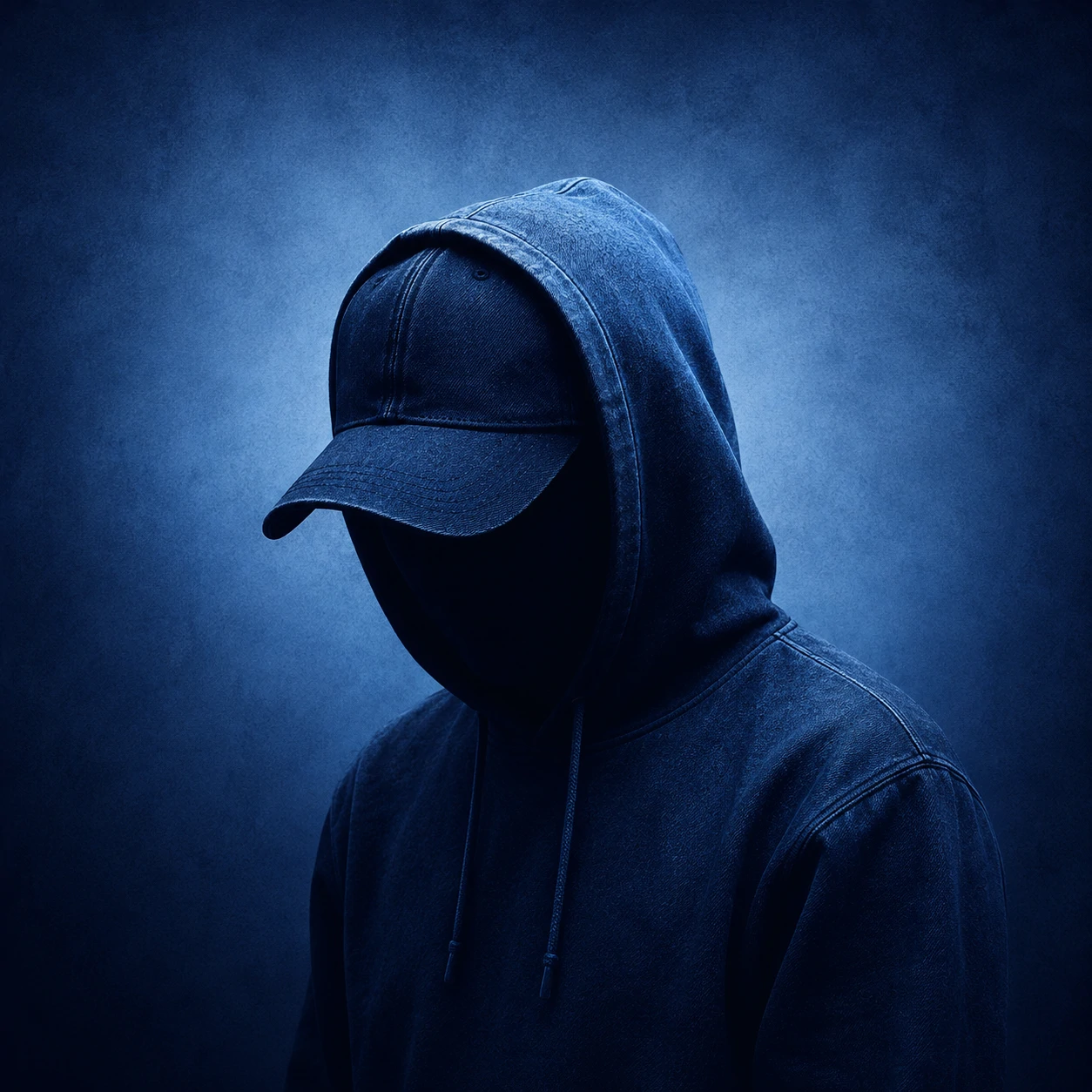 Denim blue unknown pfp with moody gradient and hidden identity portrait