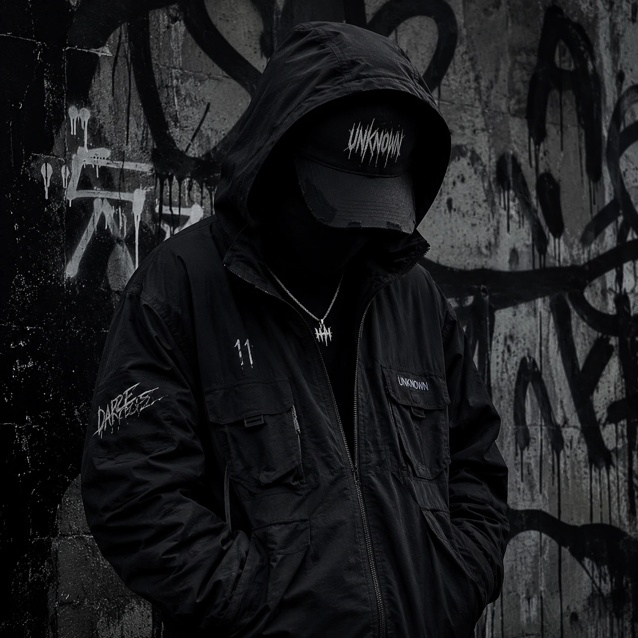 Unknown pfp with cool streetwear vibe, dark jacket and hidden face
