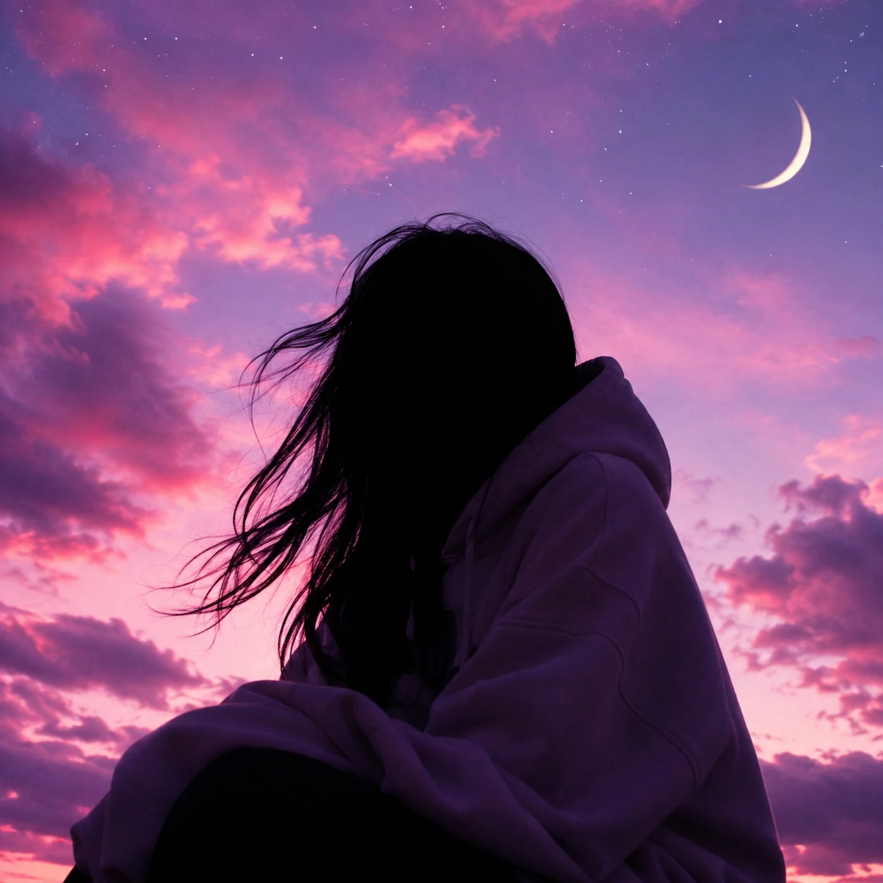Aesthetic unknown girl pfp silhouette with hoodie and dreamy color edit