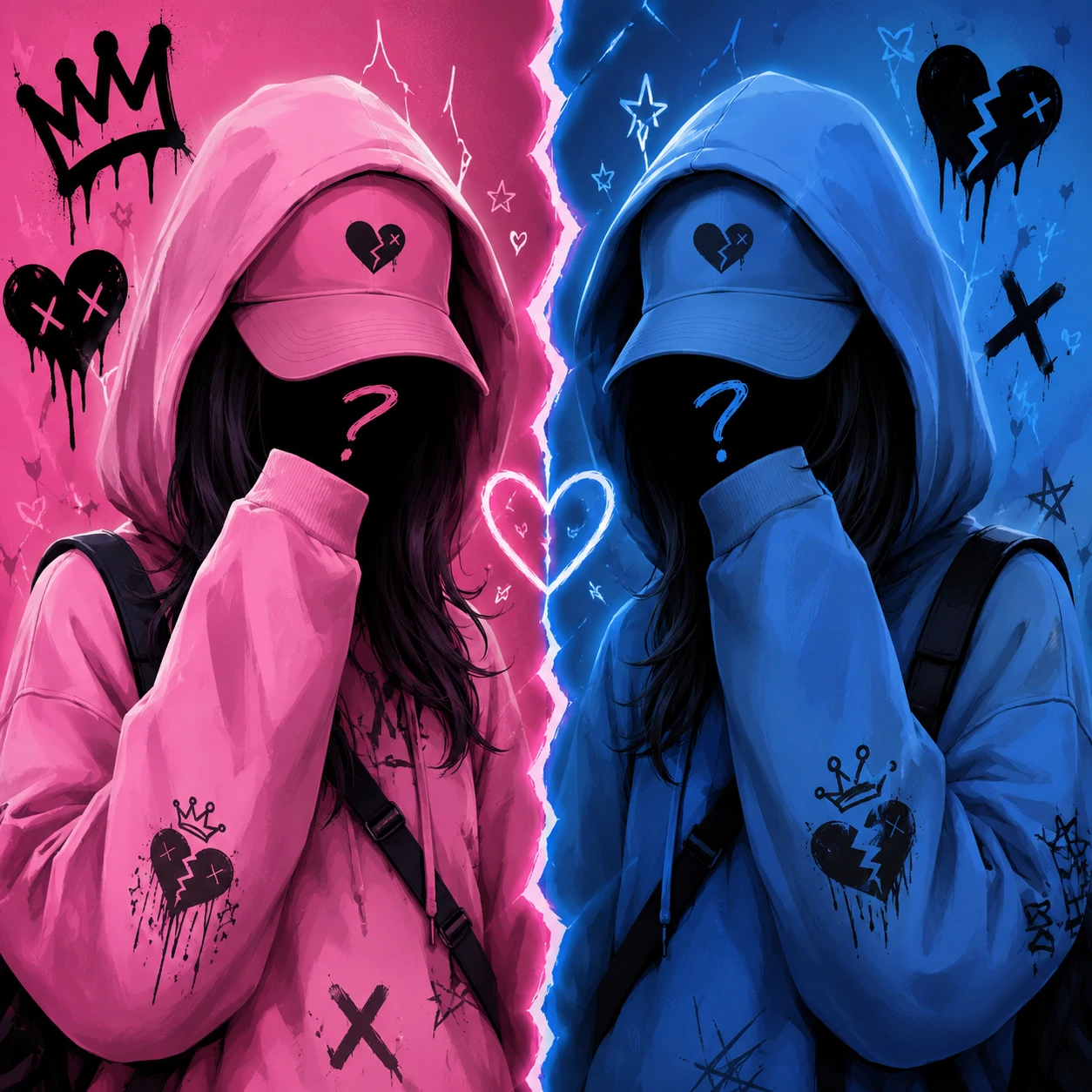 Matching unknown pfp duo icons in split pink and blue hidden-face style