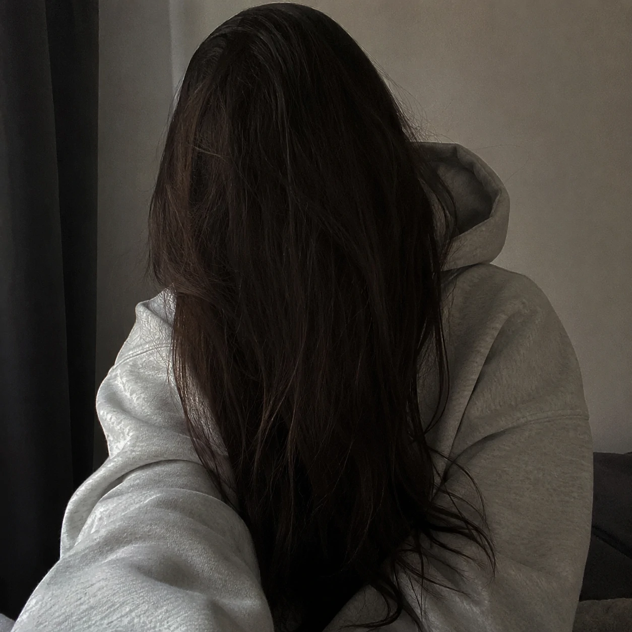 No face unknown pfp portrait with hair covering and cozy hoodie style