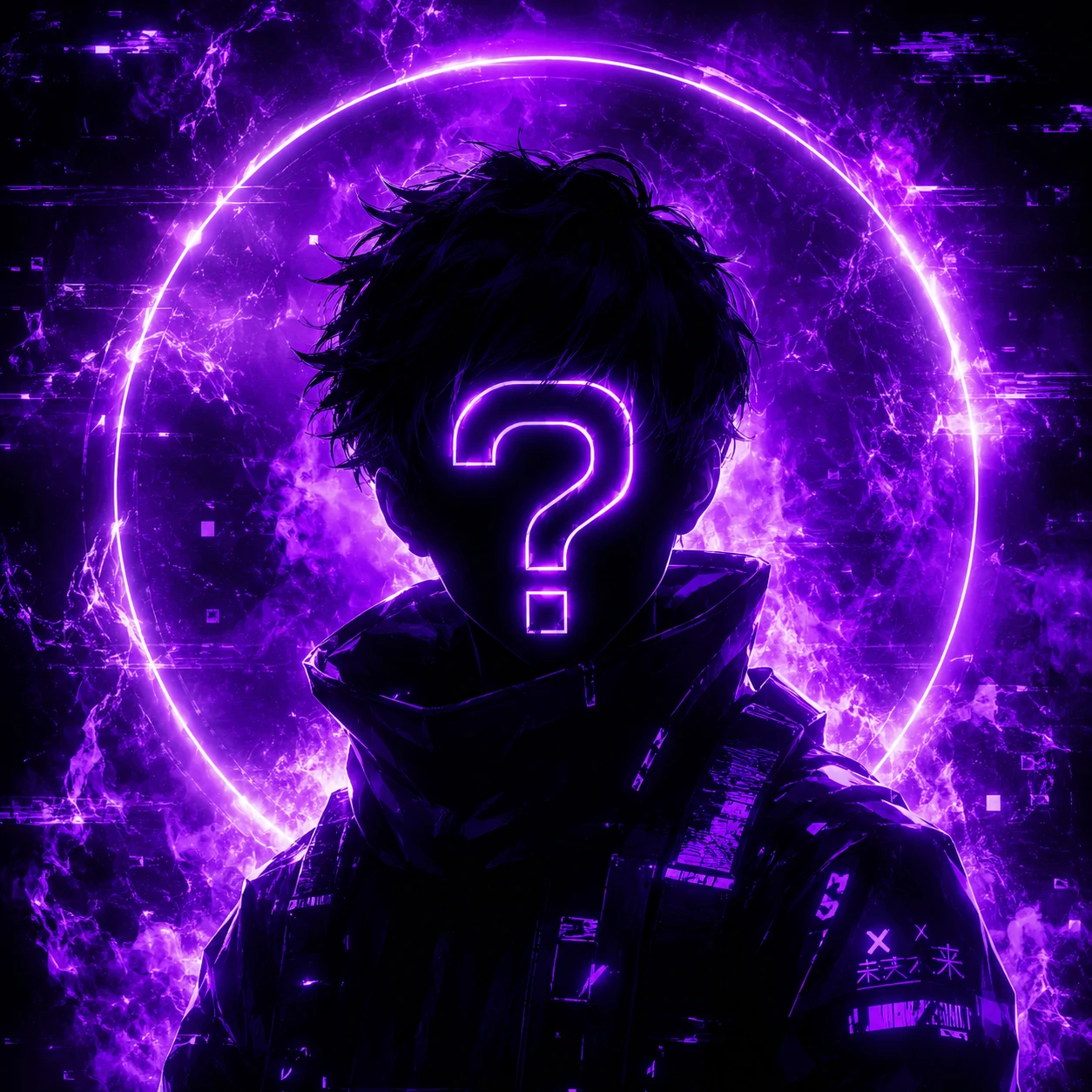 Neon purple unknown pfp with futuristic silhouette and glowing background