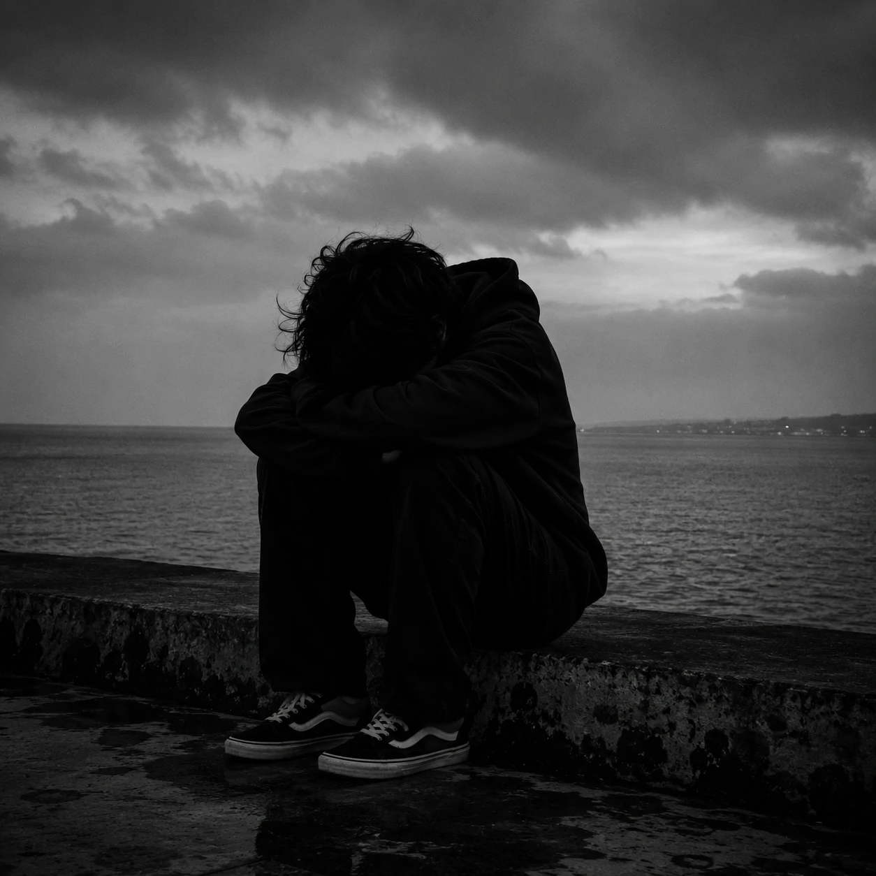 Lonely sad aesthetic unknown pfp in black and white with downcast pose