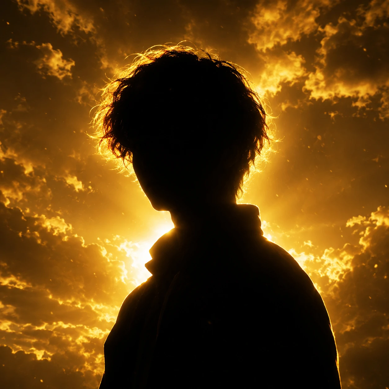 Backlit unknown silhouette pfp with golden light and faceless outline