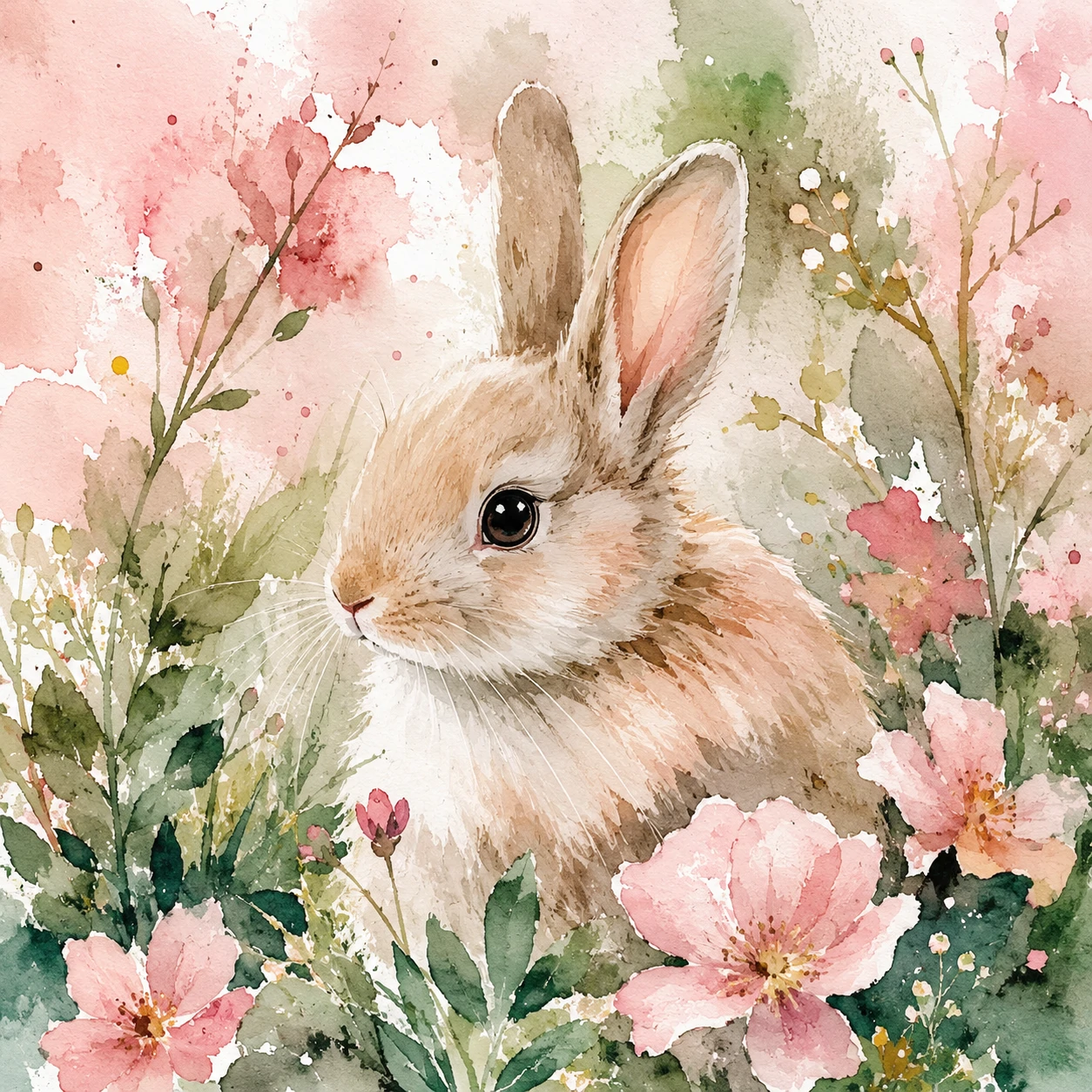 Watercolor bunny profile picture with soft paint bleeds in pastel hues