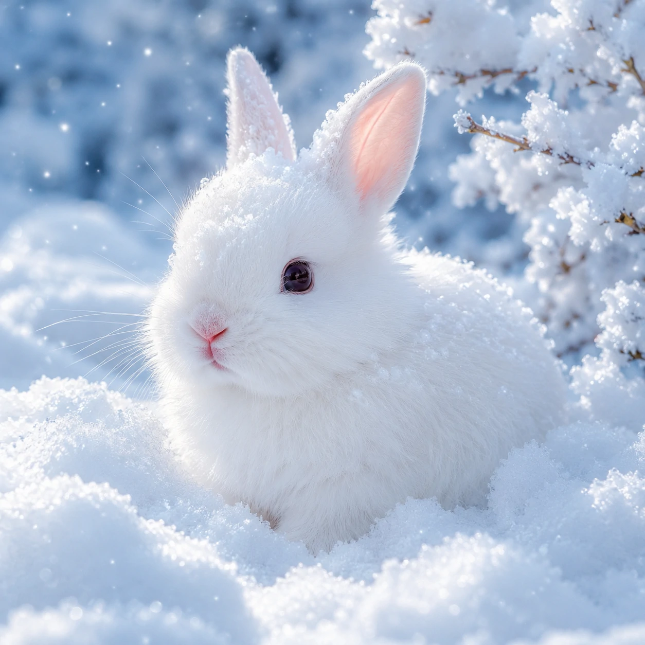 Fluffy white bunny profile picture nestled in soft snow with pink nose