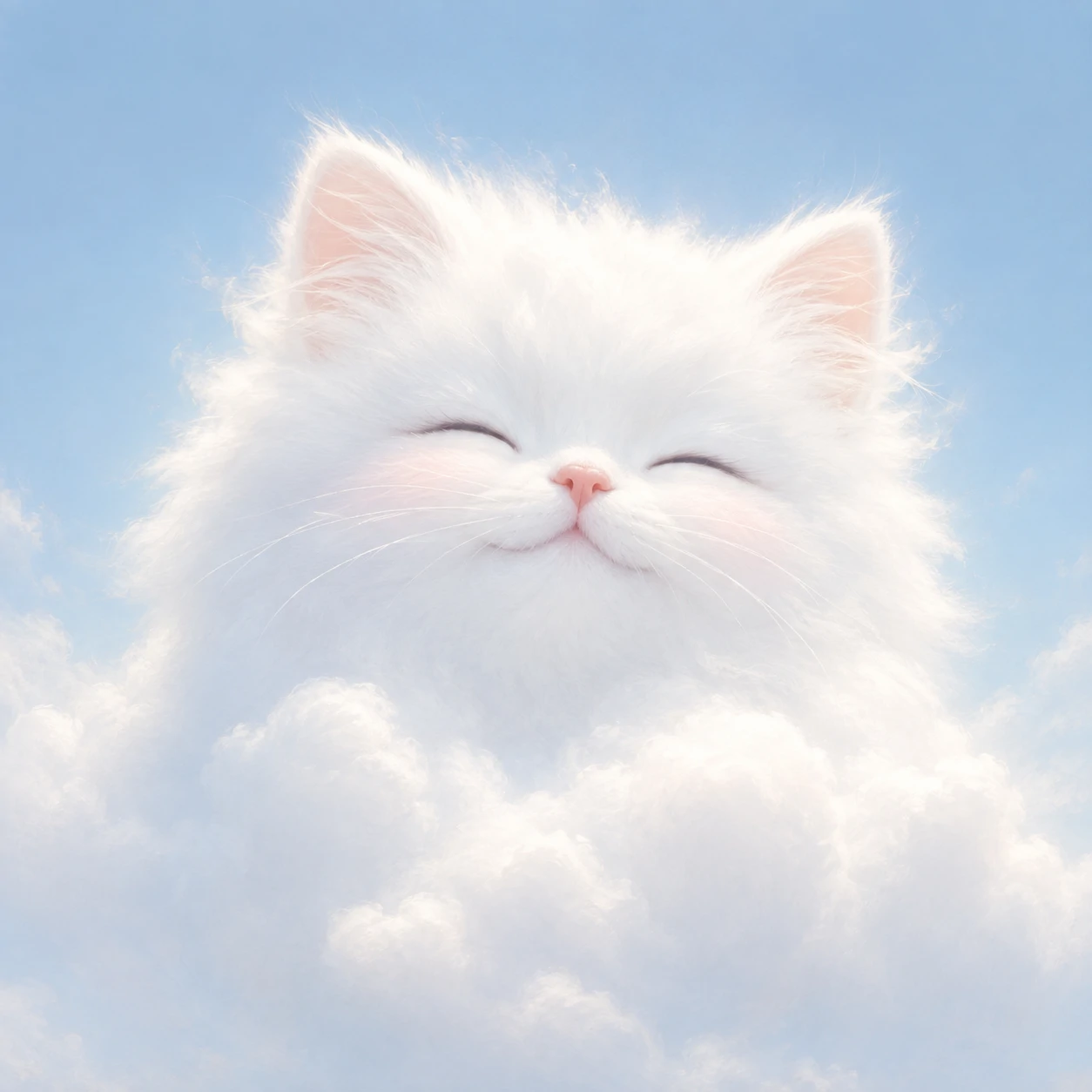 Fluffy white cat profile picture looking like a soft cloud against a pale blue backdrop