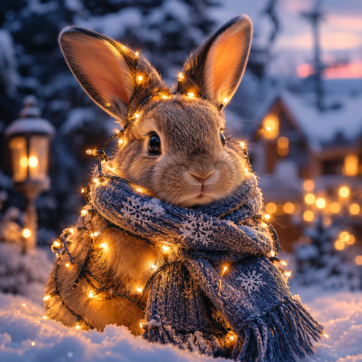 Winter bunny profile picture wrapped in glowing fairy lights with a cozy scarf