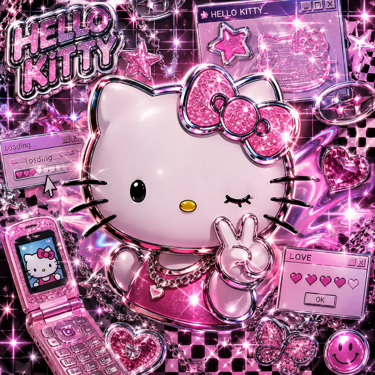 Y2K Hello Kitty PFP with chrome shine, sparkle stars and glittery 2000s texture overlay