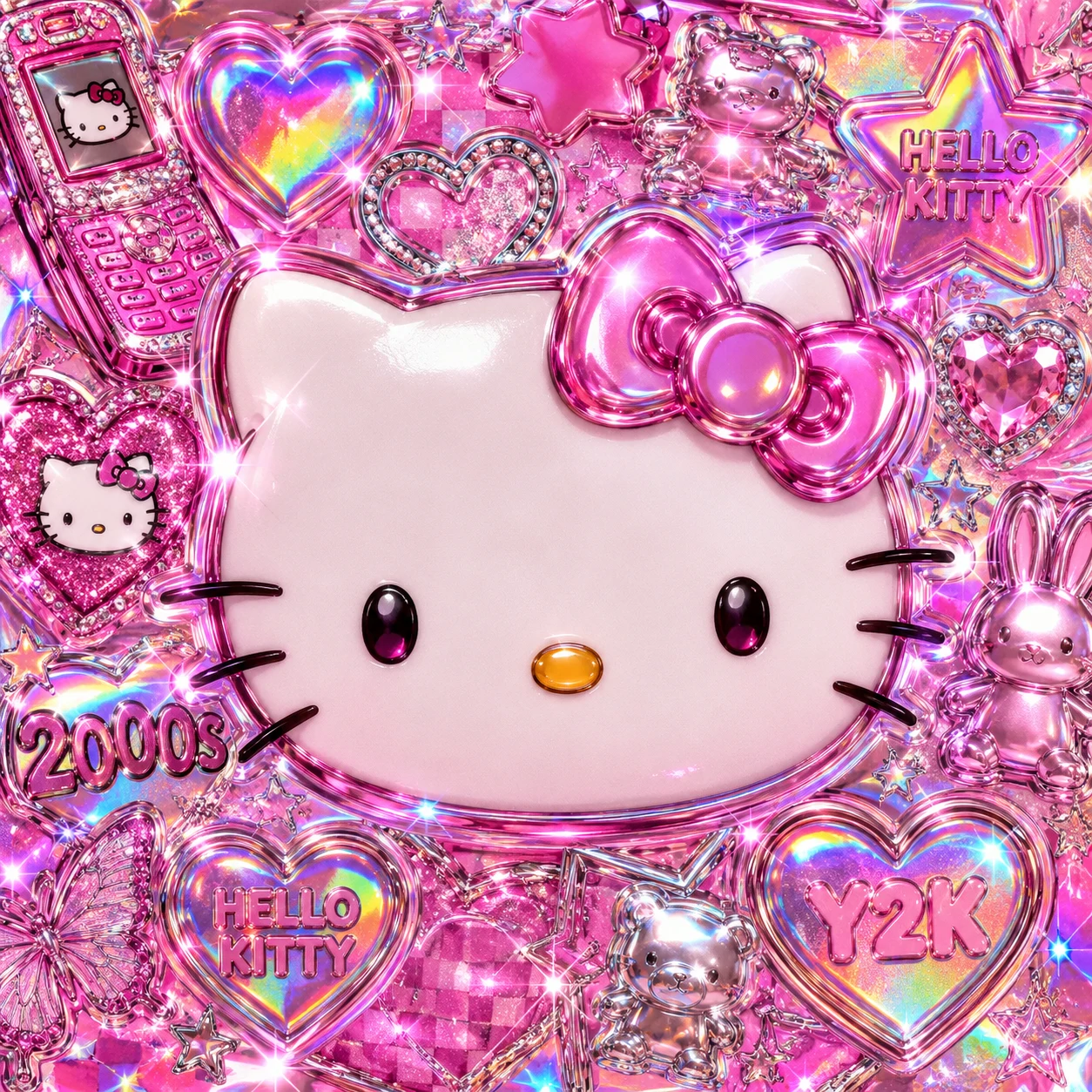 Holographic Y2K Hello Kitty profile picture with sparkle hearts and metallic pink shimmer