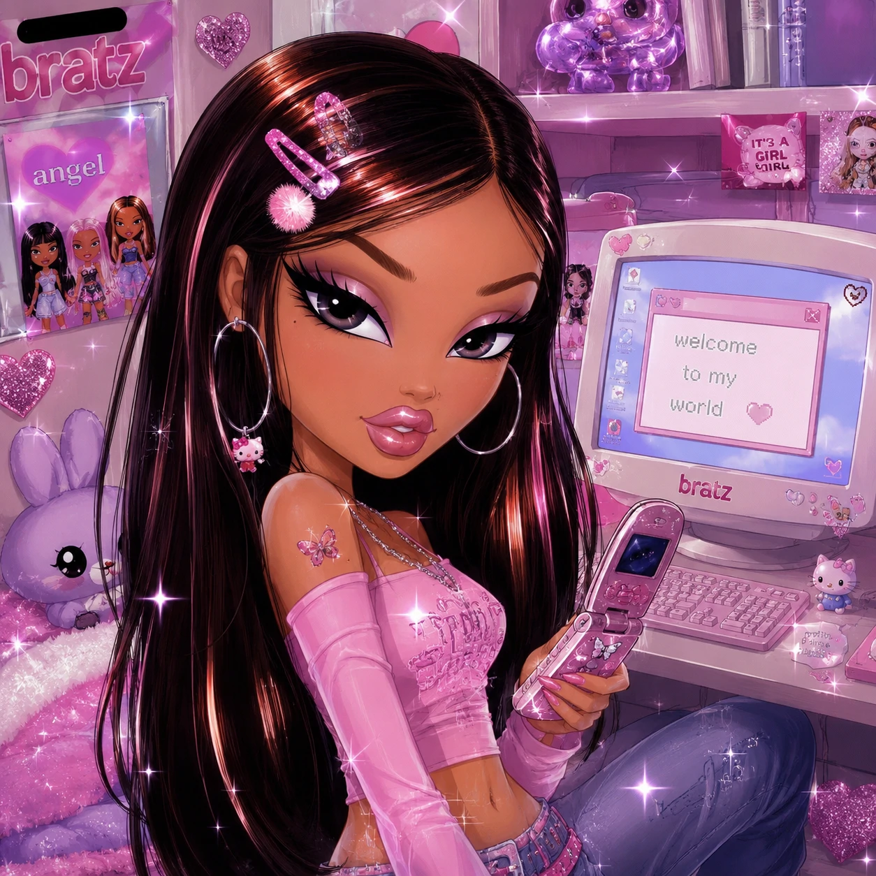 Y2K kawaii profile picture in Bratz-adjacent style with pastel palette and sparkle overlay