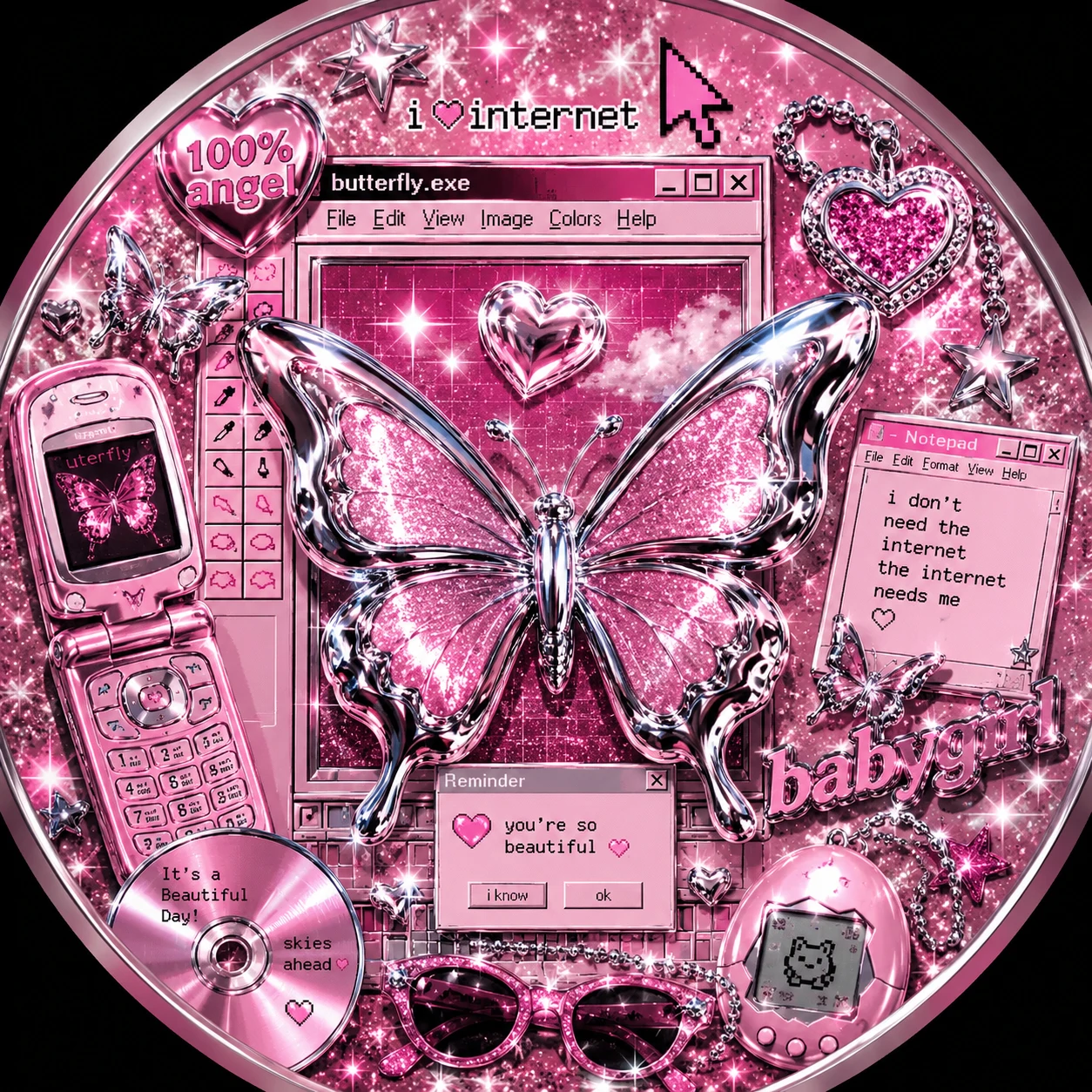 Y2K preppy pfp with chrome butterfly detail, glossy pink glitter, and retro internet styling