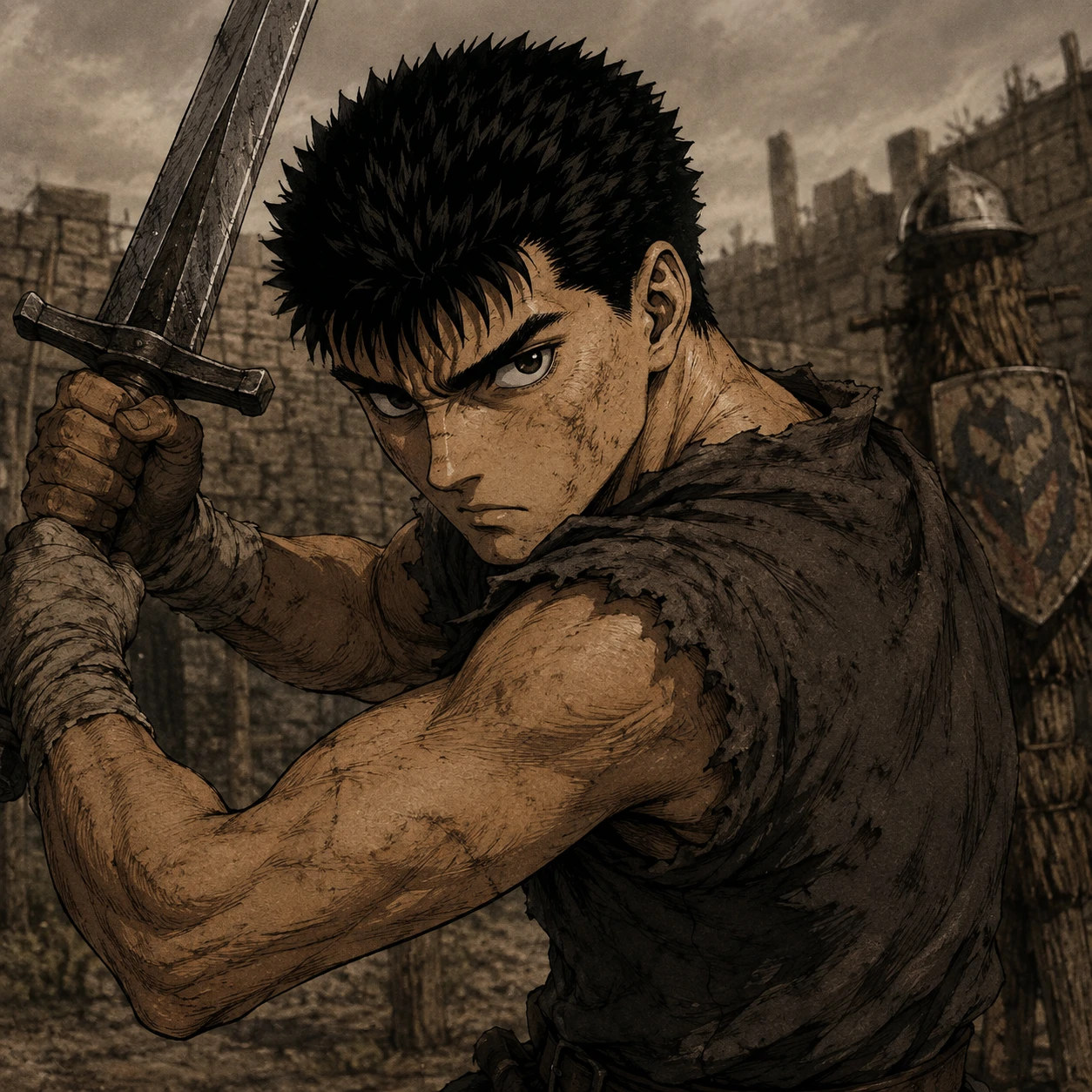 Young Guts profile picture with early sword stance and muted earthy tones