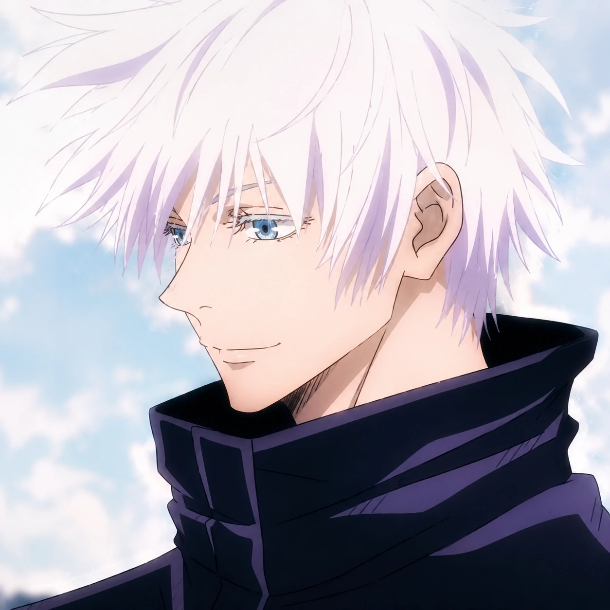 Young Satoru Gojo profile picture with side smile and soft lighting